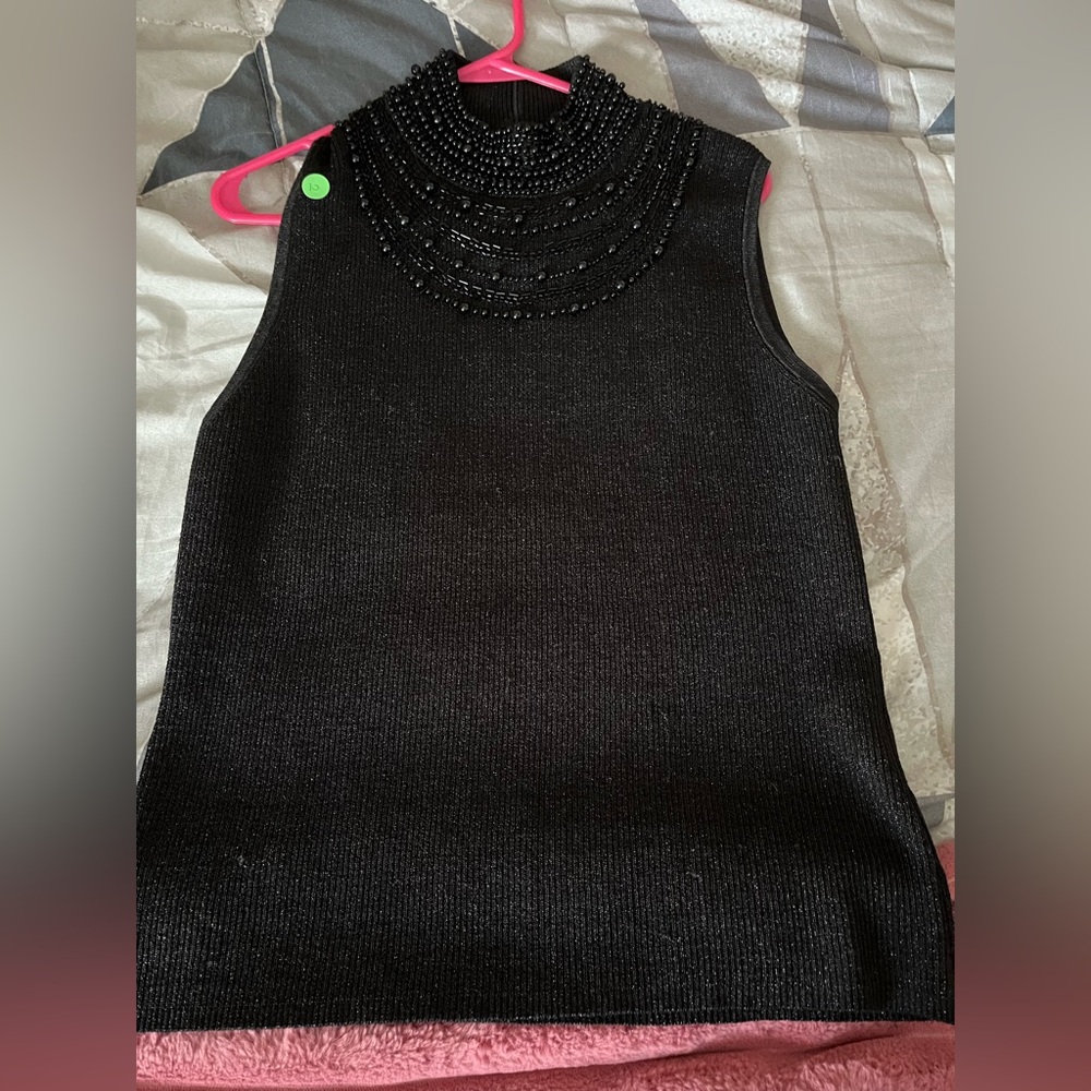 Black Sleeveless Top with Beaded Neckline